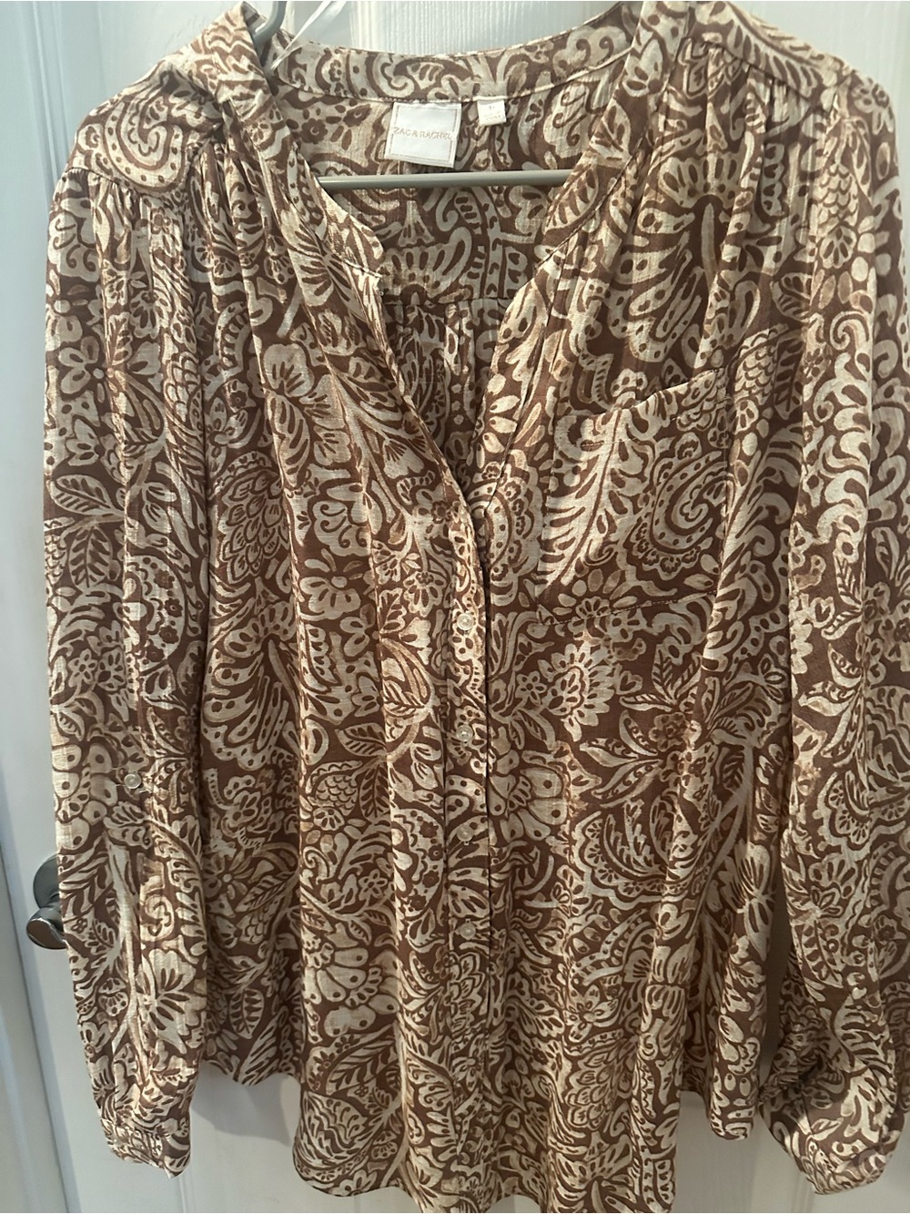 Zac & Rachel Cream and Brown Paisley Button-Front Blouse
